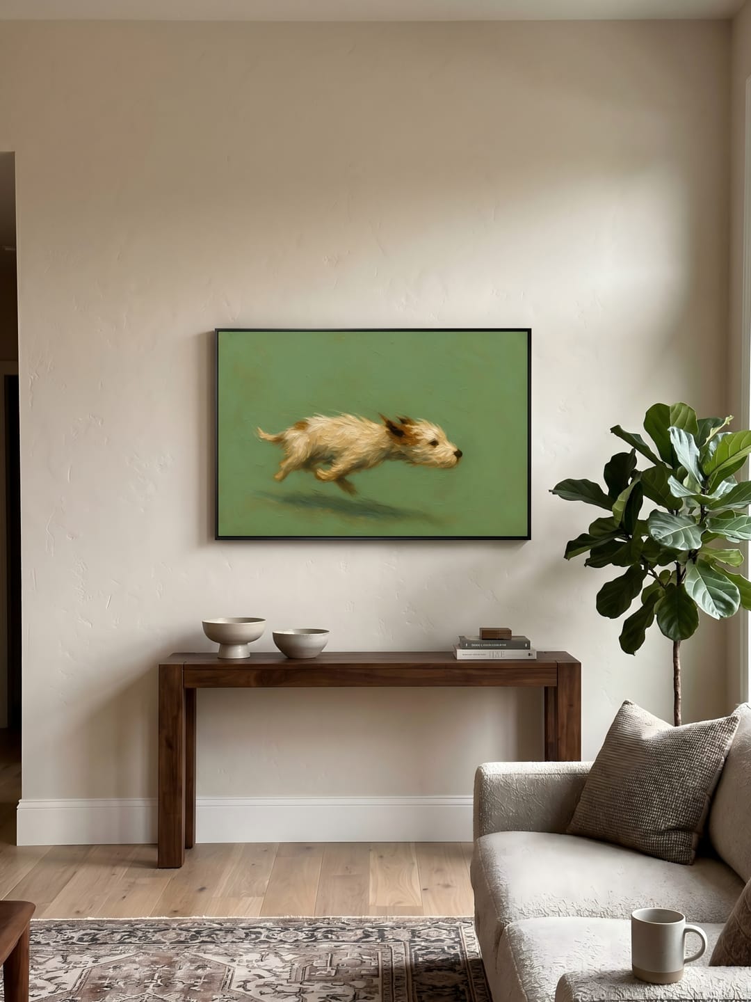 Customer photo review of Free Spirit Run – Sage Green Minimalist Impasto Dog Oil Painting | Modern Cozy Pet Theme Hallway Art