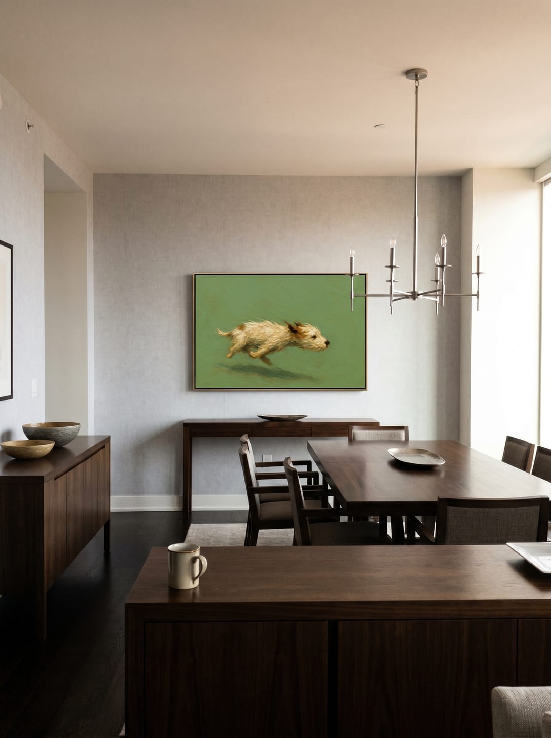 Customer photo review of Free Spirit Run – Sage Green Minimalist Impasto Dog Oil Painting | Modern Cozy Pet Theme Hallway Art