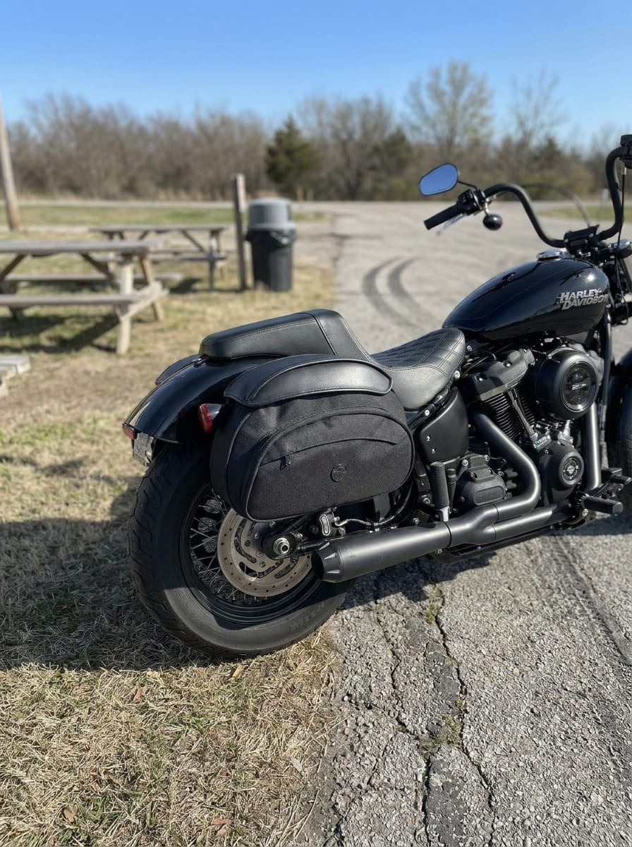 Customer photo review of 60L - Stealth XL Quick Mount Saddlebags for Harley Softail Street Bob FXBB