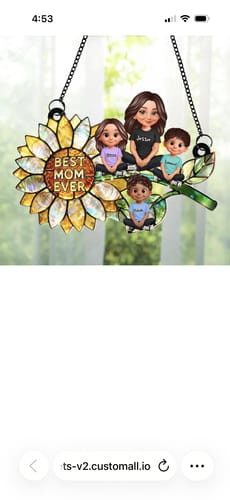 Customer's personalized sunflower suncatcher with figures of a mom and three kids sitting on the stem.