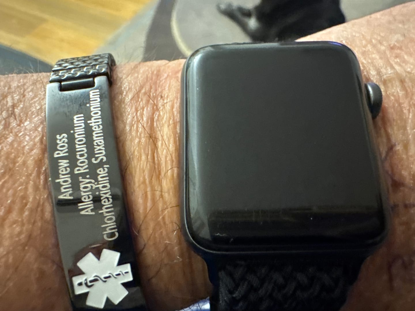 Customer photo review of Black Plated Stainless Steel Medical Alert ID Stretchable Bracelet