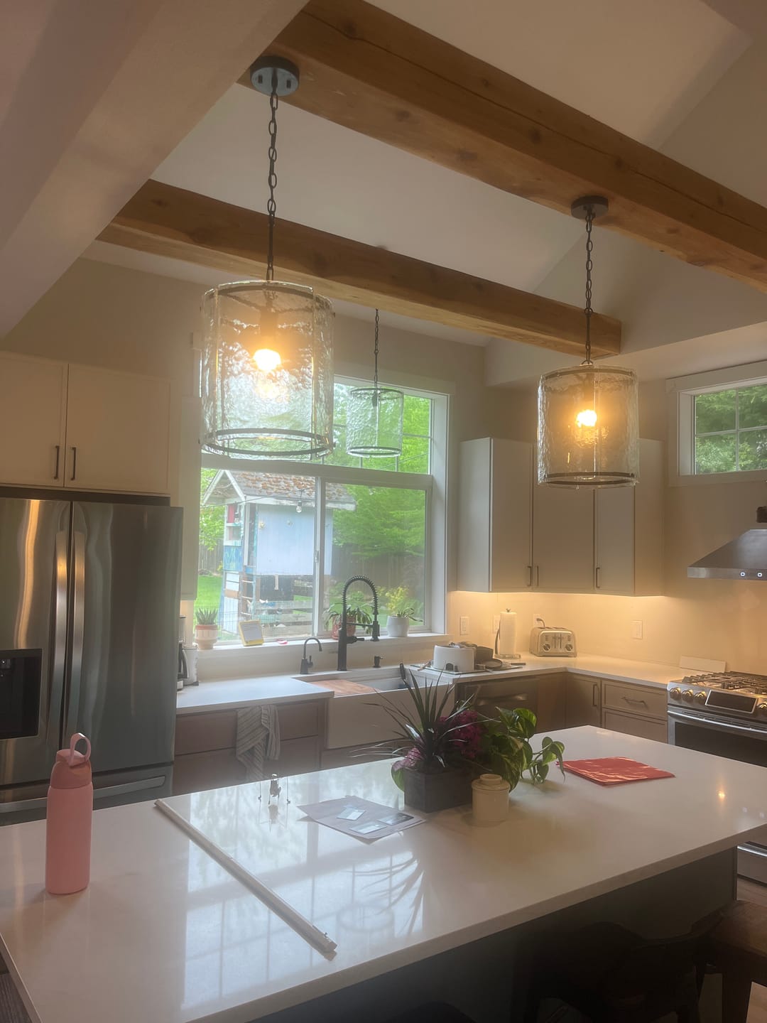 Customer photo review of Modern 1-Light Water Rippled Glass Cylinder Single Pendant
