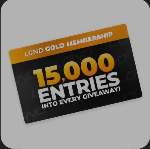 Customer's black and gold LGND Gold Membership card, showing '15,000 Entries Into Every Giveaway!'.
