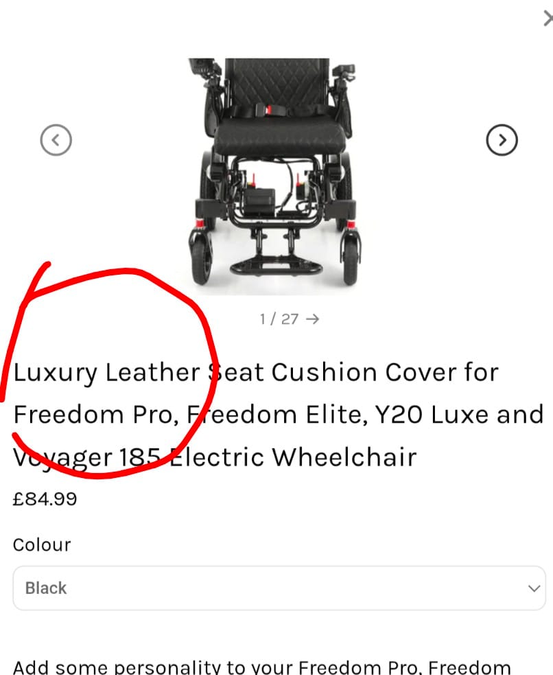 Customer photo review of Luxury Leather Seat Cushion Cover for Freedom Pro, Freedom Elite, Y20 Luxe and Voyager 185 Electric Wheelchair