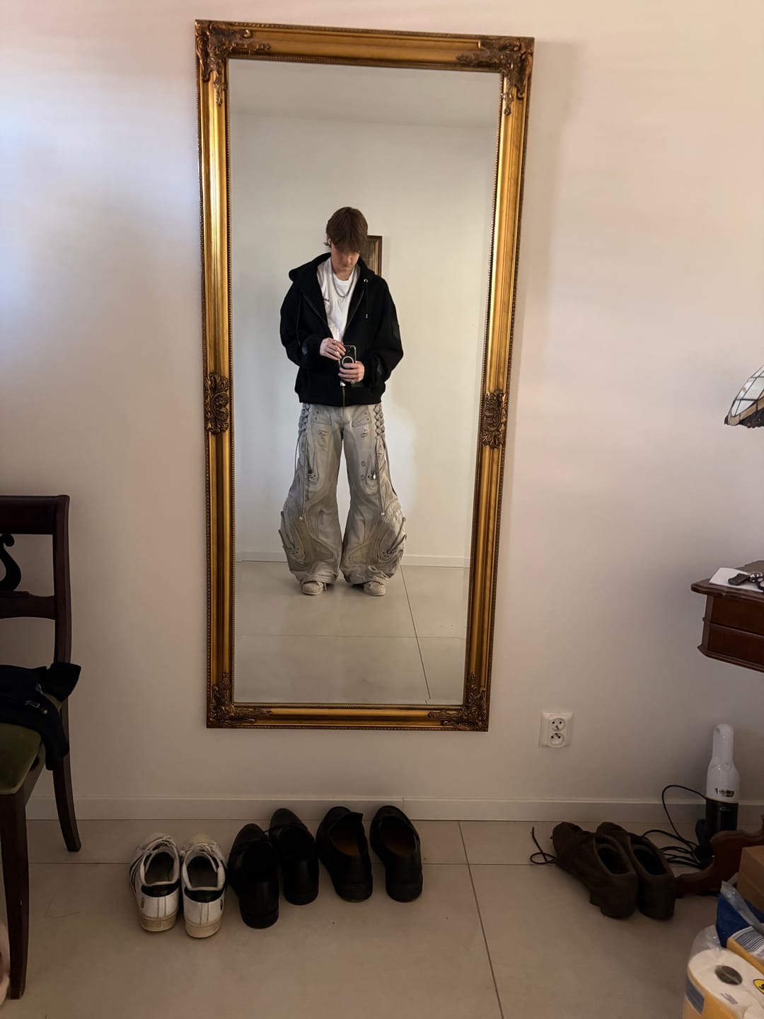 Customer photo review of Deconstructed Exaggerated Flared Patchwork Jeans