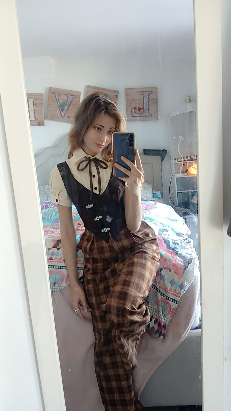 Customer photo review of Brown 1930s Faux 3PCS Bow Plaid Jumpsuit