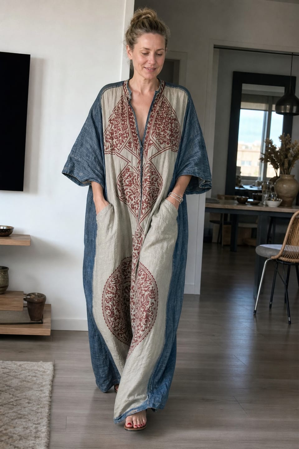 Customer photo review of Loose Three-Quarter Sleeves Contrast Color Ethnic Printed Pockets V-Neck Jumpsuits