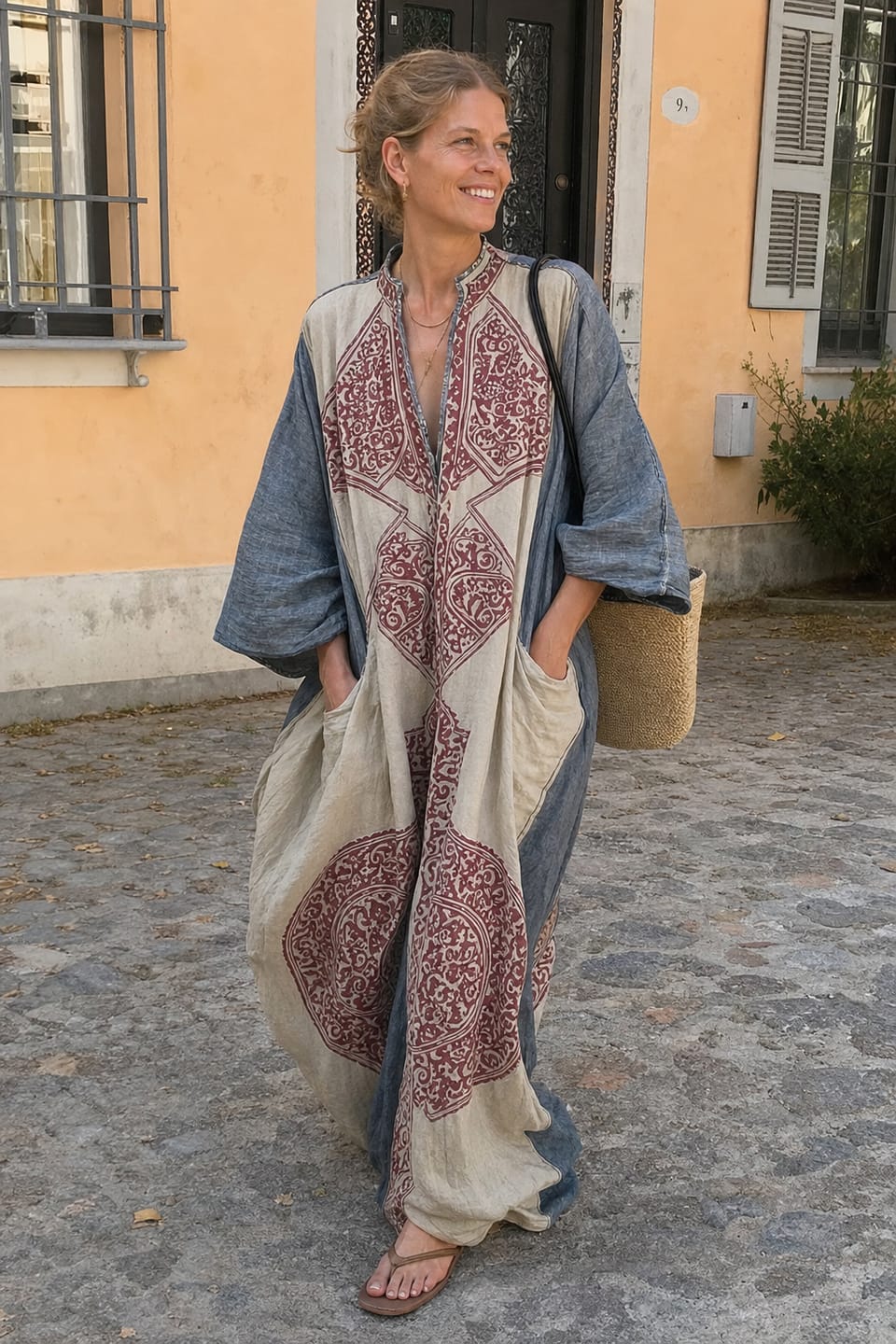 Customer photo review of Loose Three-Quarter Sleeves Contrast Color Ethnic Printed Pockets V-Neck Jumpsuits