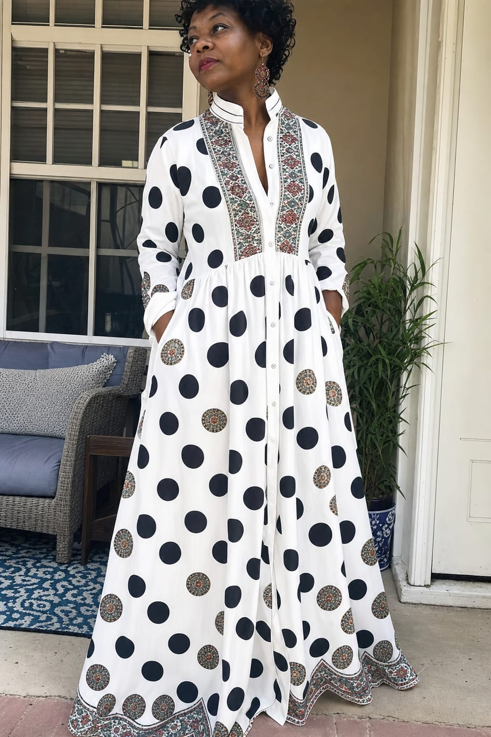 Customer photo review of High Waisted Long Sleeves Big Hemline Buttoned Contrast Color Pleated Pockets Polka-Dot Stand Collar Maxi Dresses