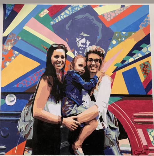 Customer's finished Custom Paint By Numbers portrait of a family in front of a colorful, abstract background.