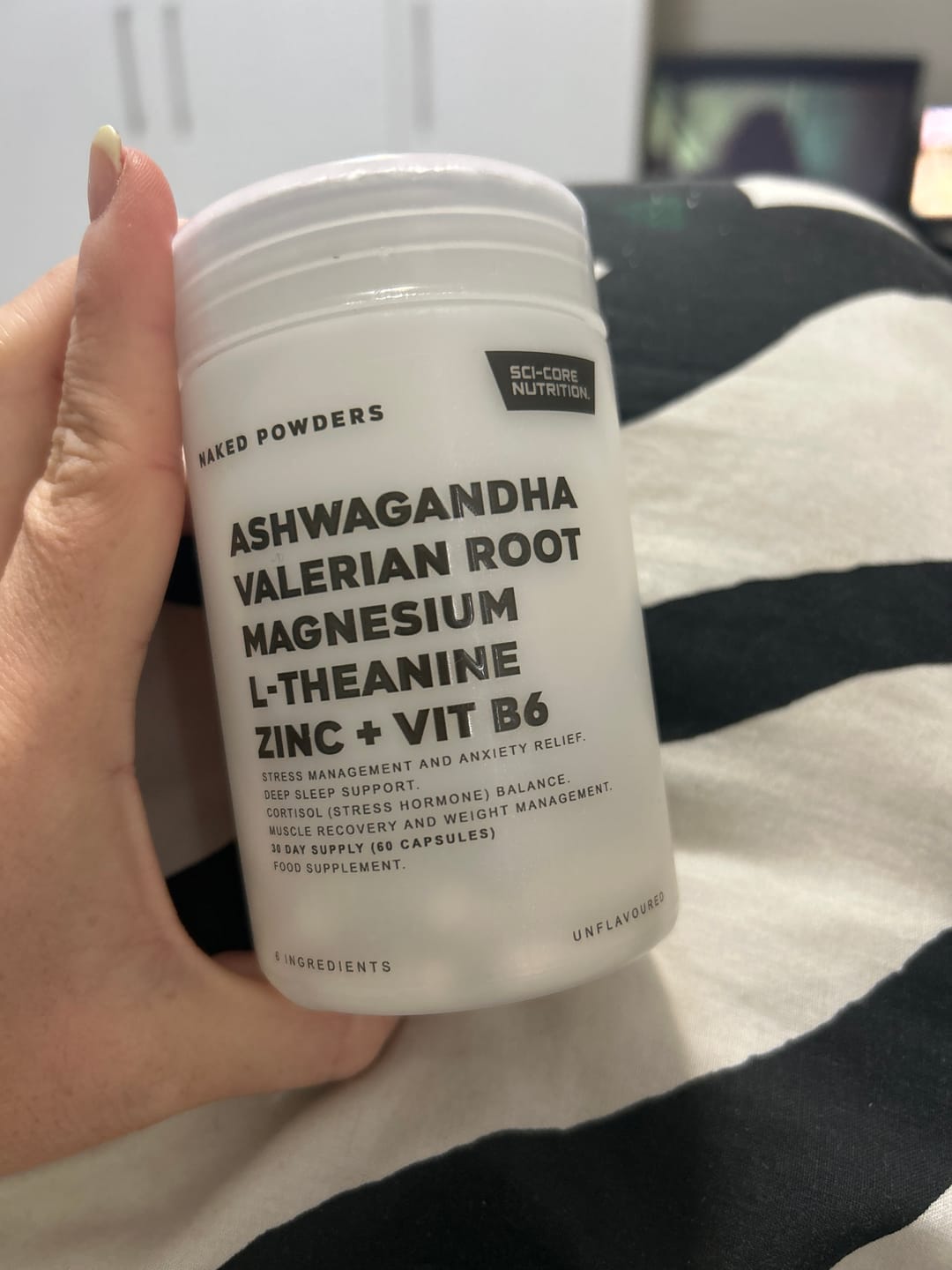 Customer photo review of Ashwagandha, Valerian Root, Magnesium, L-Theanine, Zinc, Vit B6 - 60 caps | 30 day supply