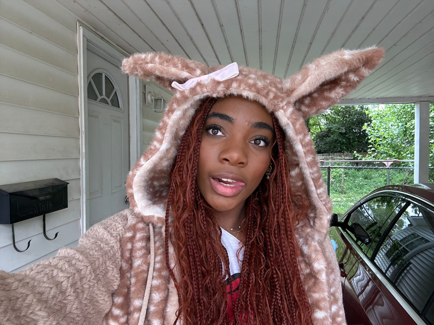 Customer photo review of [Rose Island] Fairy Spirit Deer In Flower Field Faux Fur Hoodie with Zipper