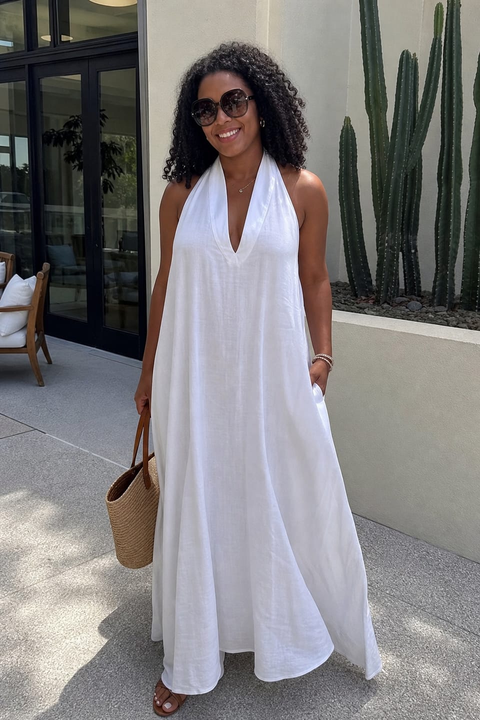 Customer photo review of A-Line Loose Pockets Solid Color V-Neck Maxi Dresses