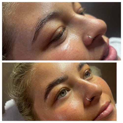Reviewer's before-and-after brow service, with the bottom photo showing sleek, professionally styled eyebrows.