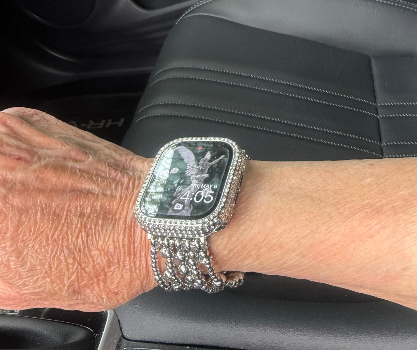 Customer photo review of Platinum Demure Stretch Apple Watch Strap