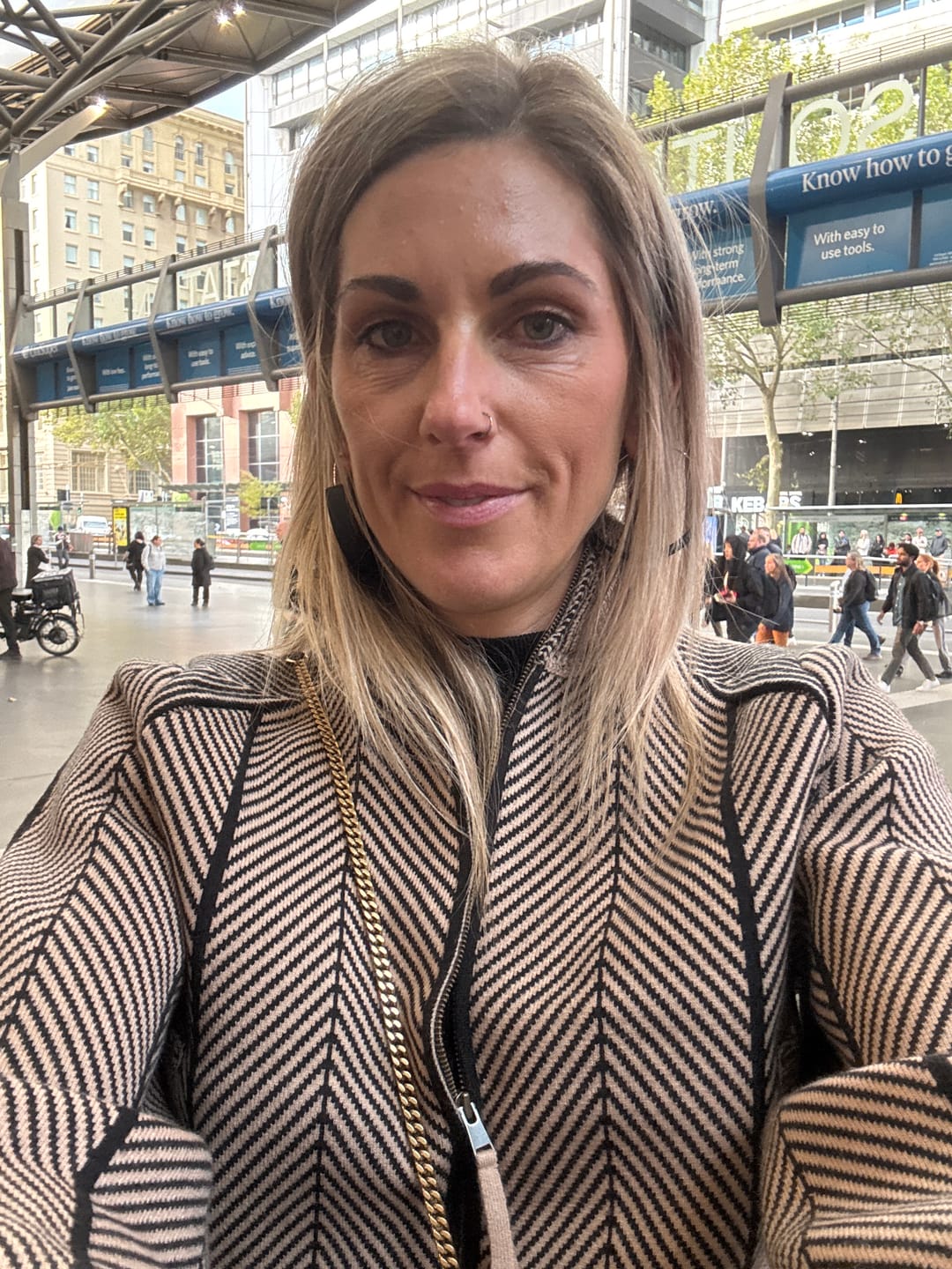 Customer photo review of Jeanne Wool Blend Textured Knit Bomber Jacket in Tan Chevron