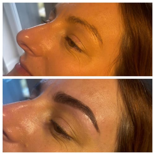 Customer's before-and-after brow treatment, with the bottom image showing fuller, perfectly shaped eyebrows.