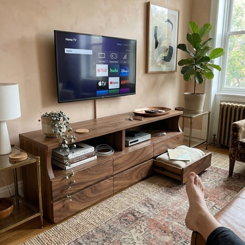 Customer photo review of Modern Solid Wood TV Stand with Open Shelves and Drawers