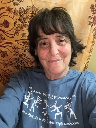 Customer wearing a blue shirt featuring the 'Stay Wild Petroglyphs' design.