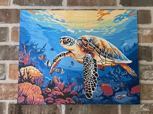 Reviewer's completed Coral Glide paint-by-numbers canvas showing a sea turtle in a vibrant coral reef.