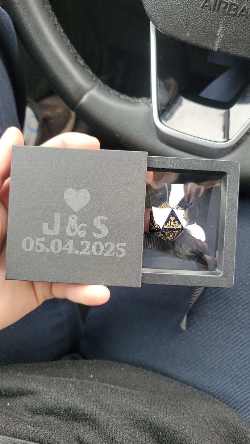 Customer photo review of Custom Anniversary D20 Dice – Personalized D&D Gift
