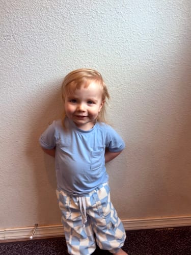 Customer photo review of Blue and White Checkered Corduroy Cargo Pants (Check, Check, Goose)