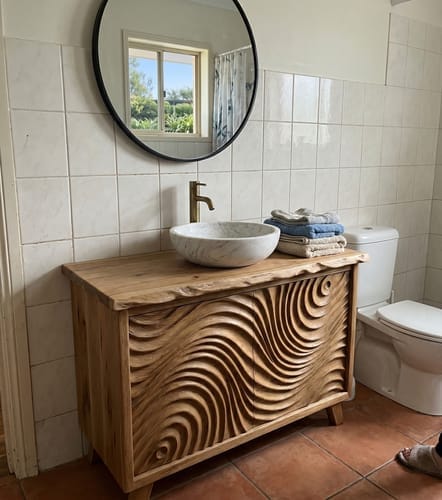 Customer photo review of Solid Wood Bathroom Vanity with Carved Wave Doors and Live Edge Top