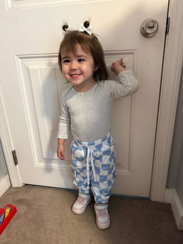 Customer photo review of Blue and White Checkered Corduroy Cargo Pants (Check, Check, Goose)
