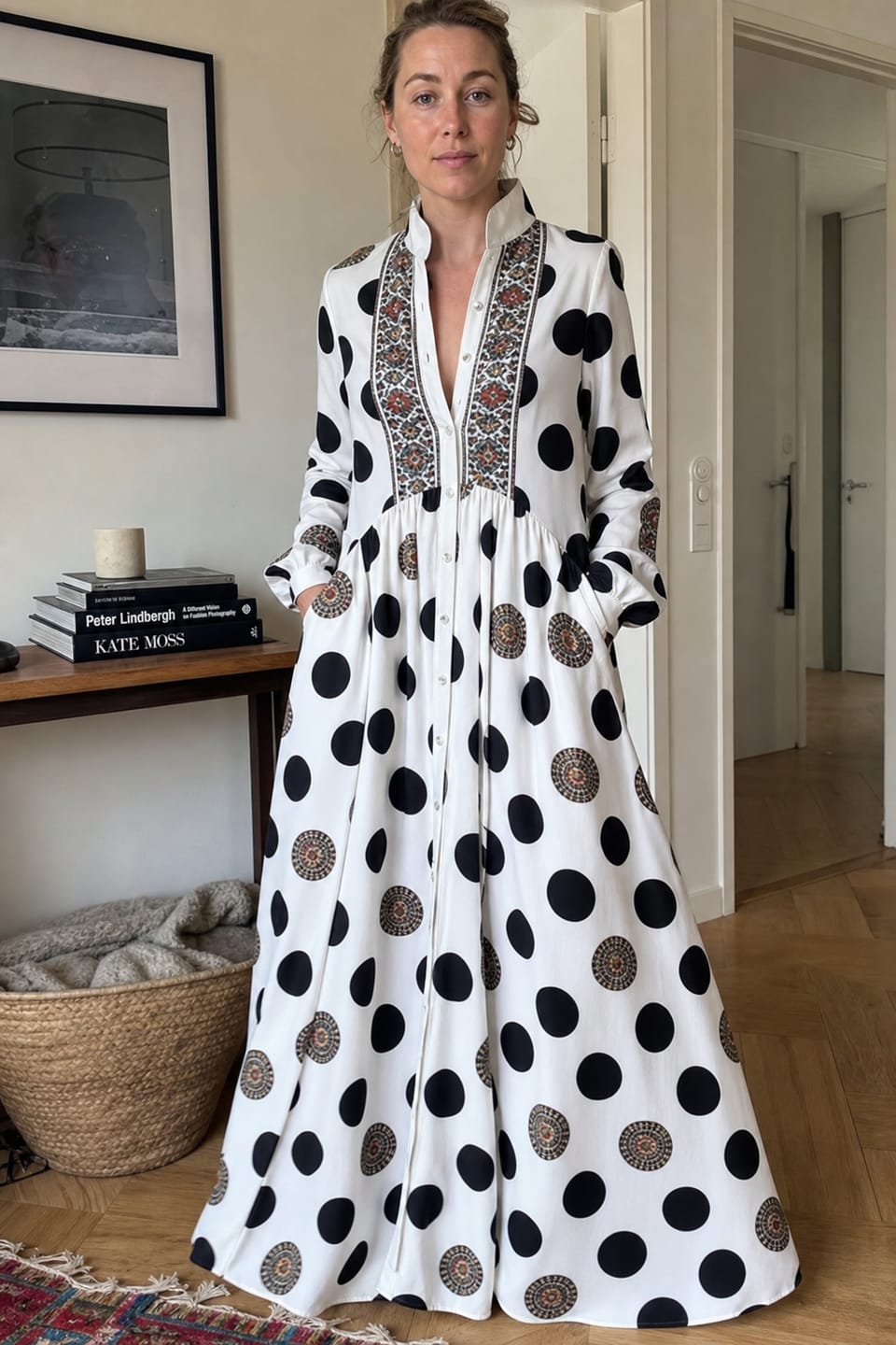 Customer photo review of High Waisted Long Sleeves Big Hemline Buttoned Contrast Color Pleated Pockets Polka-Dot Stand Collar Maxi Dresses