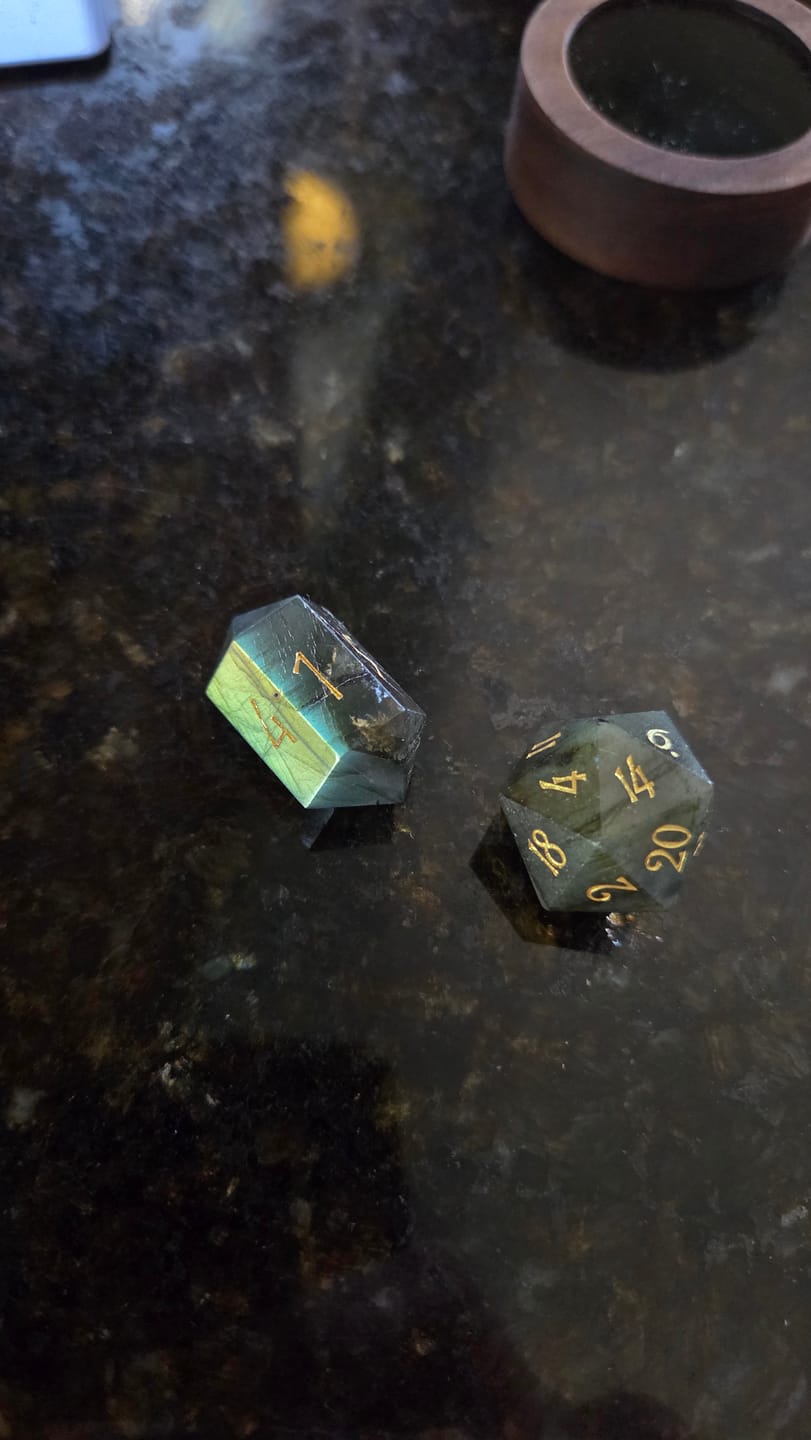 Customer photo review of URWizards D&D Labradorite Gemstone Dice Set Crystal Shape