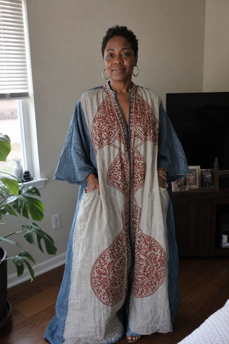 Customer photo review of Loose Three-Quarter Sleeves Contrast Color Ethnic Printed Pockets V-Neck Jumpsuits