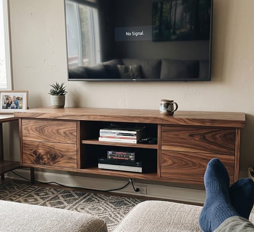 Customer photo review of Modern Solid Wood Floating TV Stand with Integrated Lighting