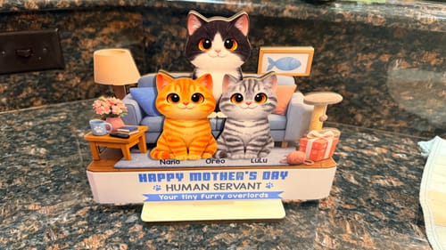 Customer's personalized wooden plaque with three cute cats named Naria, Oreo, and Lulu sitting on a kitchen counter.