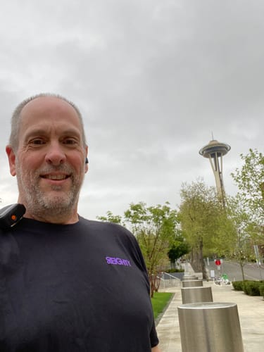 Customer wearing the black 80Eighty DCG88 Shirt outdoors near the Space Needle.