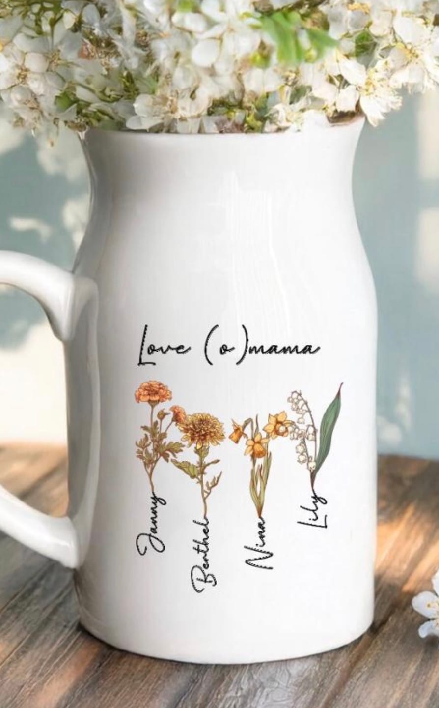 Customer photo review of Mama’s tuin – Gepersonaliseerde vaas met naam en bloemen voor mama en oma