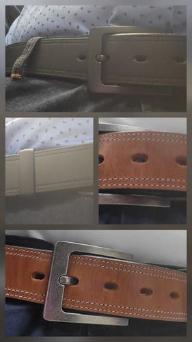 Customer's photo collage of the sturdy Old World Harness belt in two different leather colors.