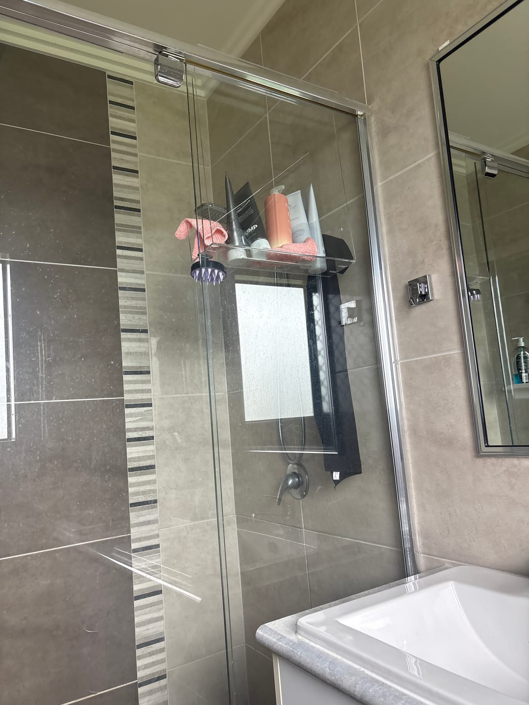 Customer photo review of Clear Acrylic Shower Shelf