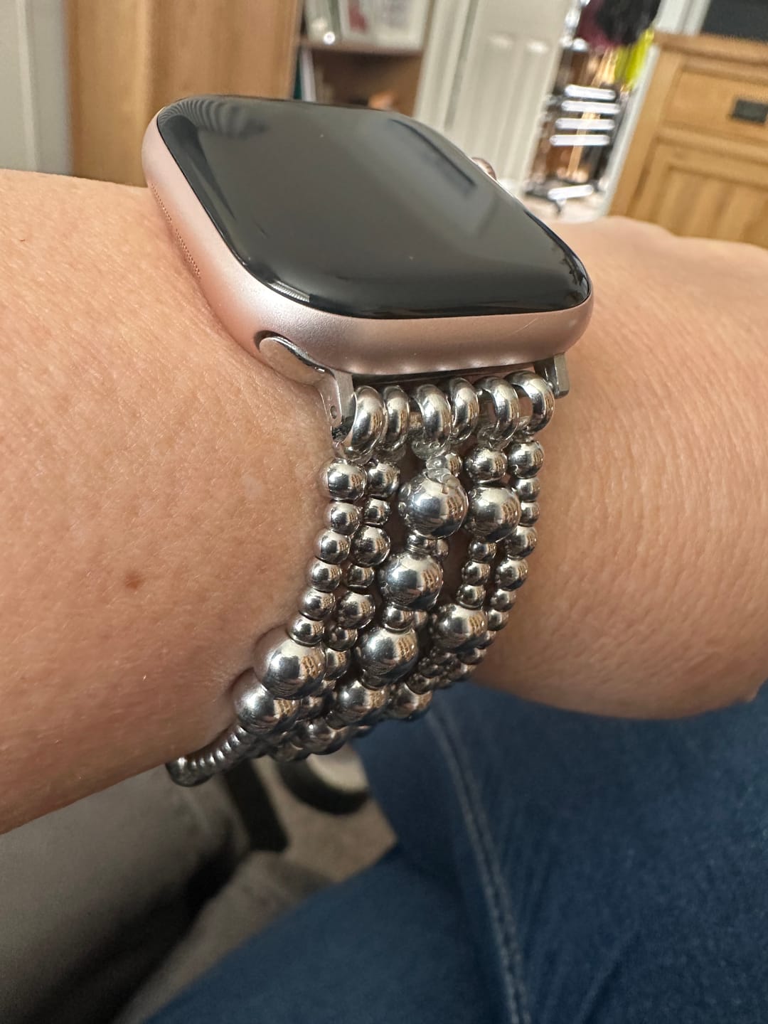 Customer photo review of Platinum Demure Stretch Apple Watch Strap