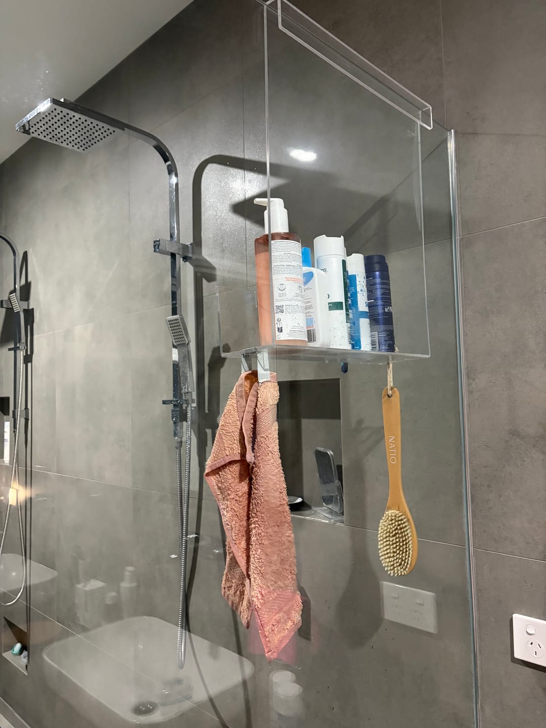 Customer photo review of Clear Acrylic Shower Shelf