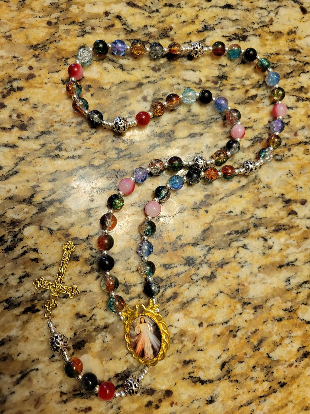 Customer photo review of FREE Today: Gradient Multicolor Glass Bead & Brass Crucifix Rosary with Divine Mercy Medal