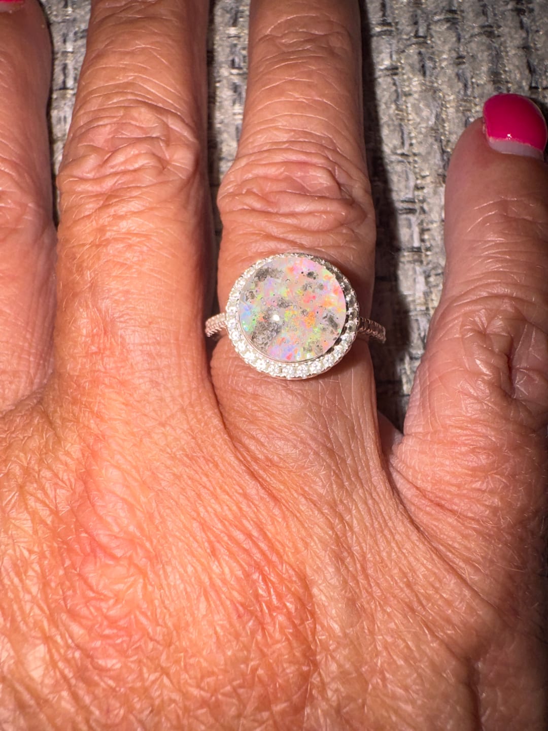 Customer photo review of Bedazzled Circle Opal Cremation Ring