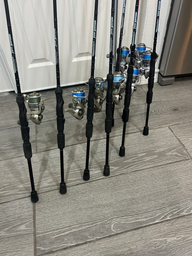 Customer's collection of several Waterloo Tide Series fishing rods with reels attached, standing upright indoors.