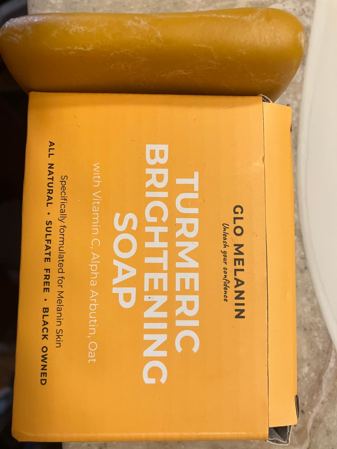 Customer photo review of Turmeric Brightening Soap (with Vitamin C, Alpha Arbutin, Oat)