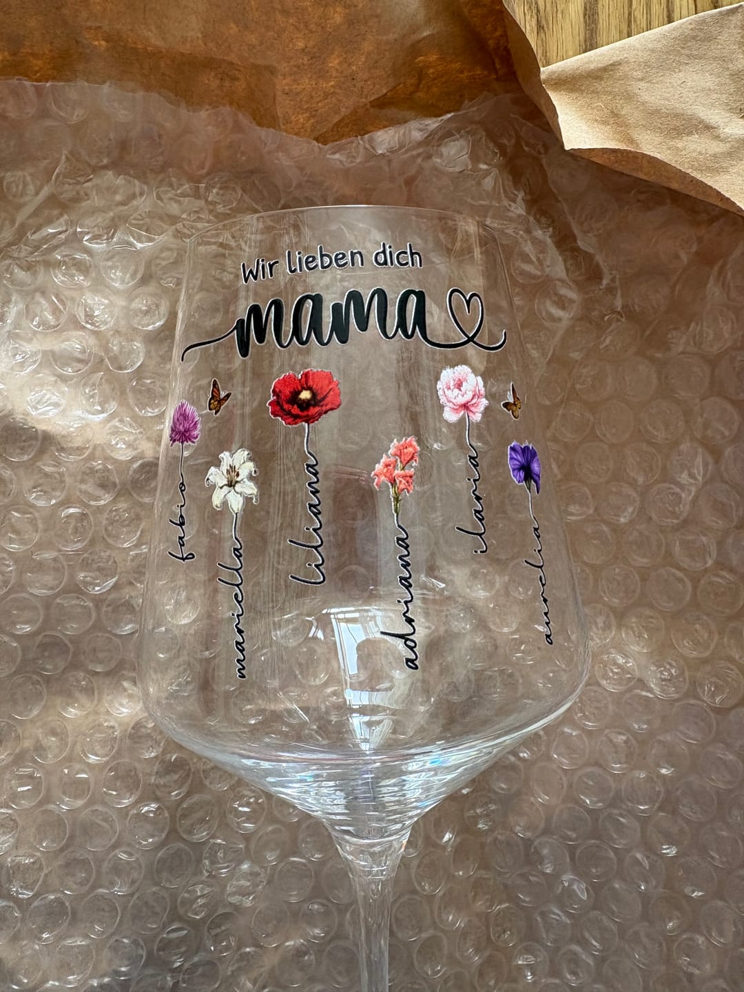 Customer photo review of Mamas Garten - Weinglas mit Kindernamen und Blumen für Mama und Oma