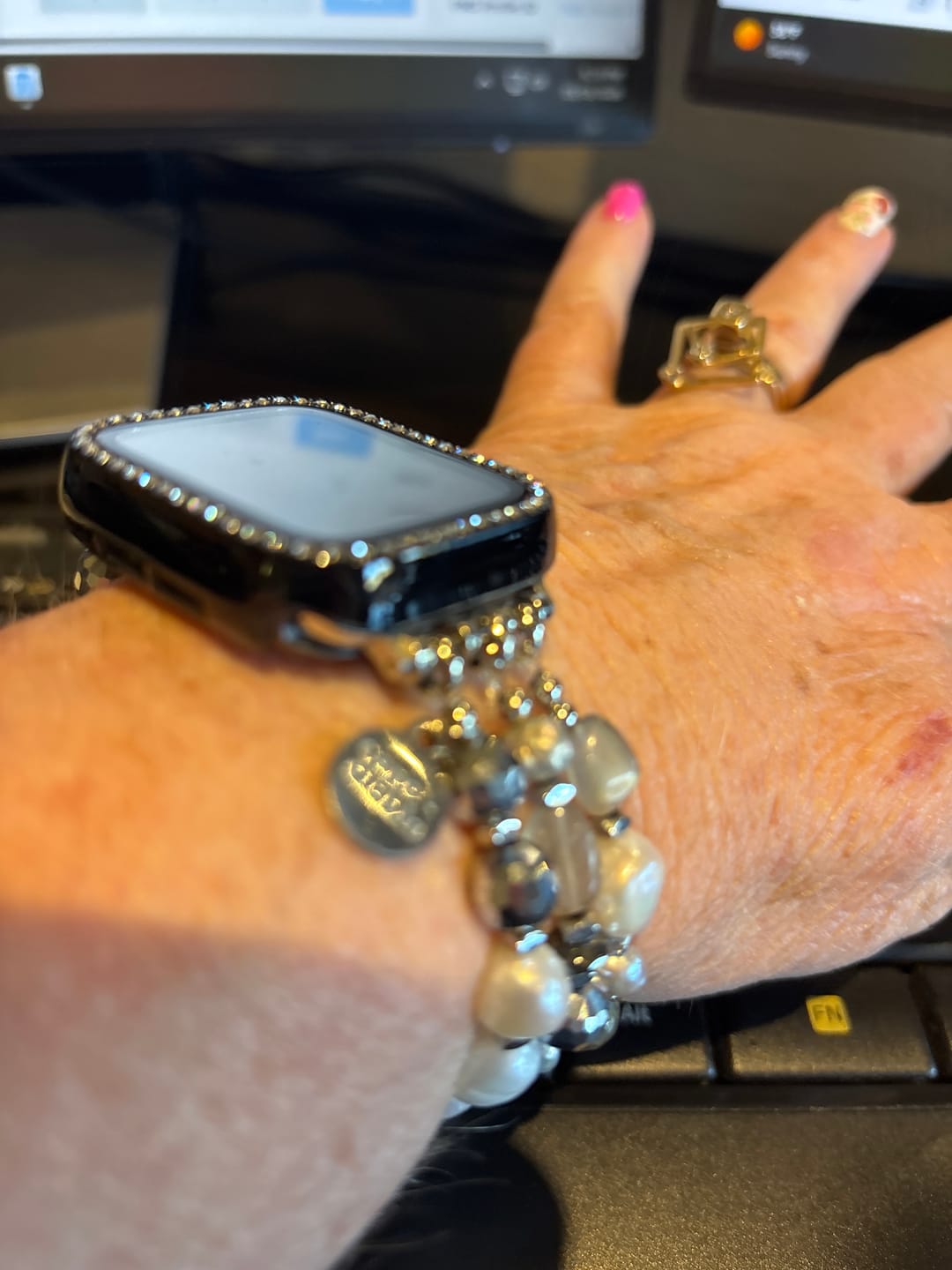 Customer photo review of Lunar Luxe Pearl Stretch Apple Watch Strap