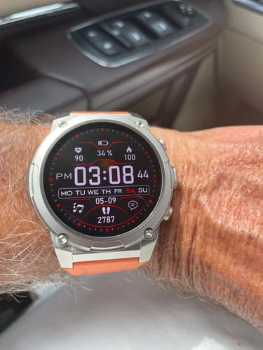 Customer's Gard Pro Ultra 3 smartwatch on-wrist, displaying a digital face with 34% battery and other metrics.