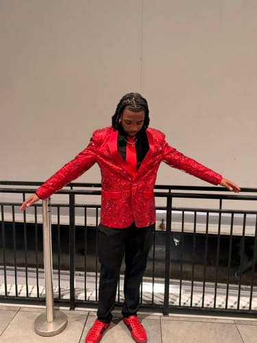 Customer photo review of Men's Exquisite Shawl Lapel Floral Sequin Red Tuxedo