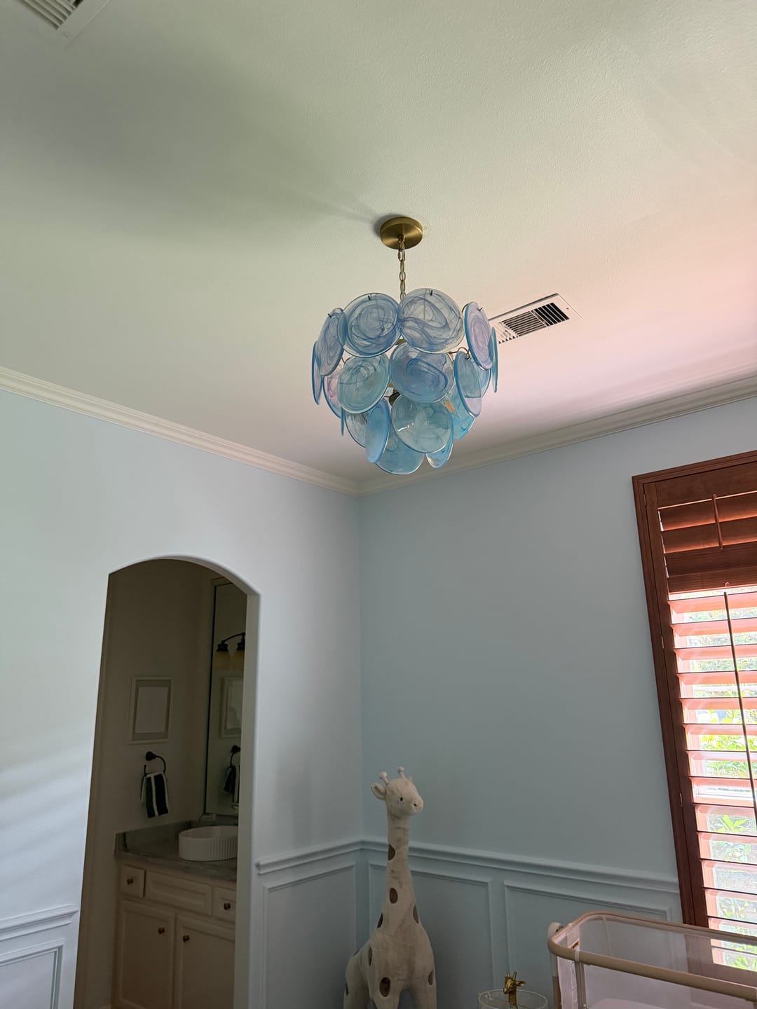 Customer photo review of Glam Blue Iridescent Swirl Glass Round Tiered Chandelier