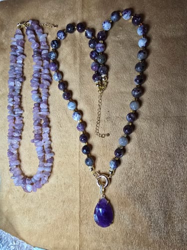 Customer's two handmade purple necklaces, a result of the Mystery Box.