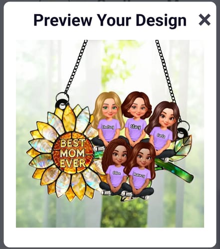 Customer's preview of a personalized sunflower suncatcher with five figures wearing purple shirts.
